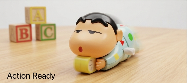 Crayon Shin-Chan wind-up crawling toy in regular red clothes - close up face