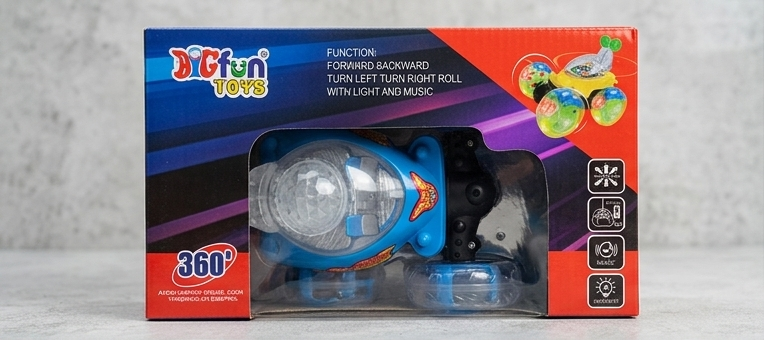 DiCfun 360 stunt car in box showing functions - forward backward turn left right roll with light and music