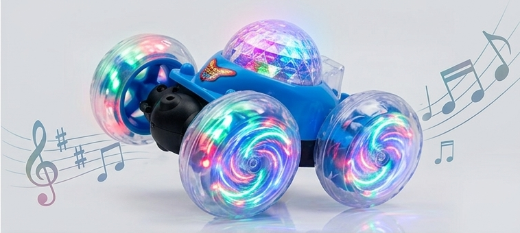 DiCfun 360 stunt car with LED light-up wheels and disco ball top glowing with music notes