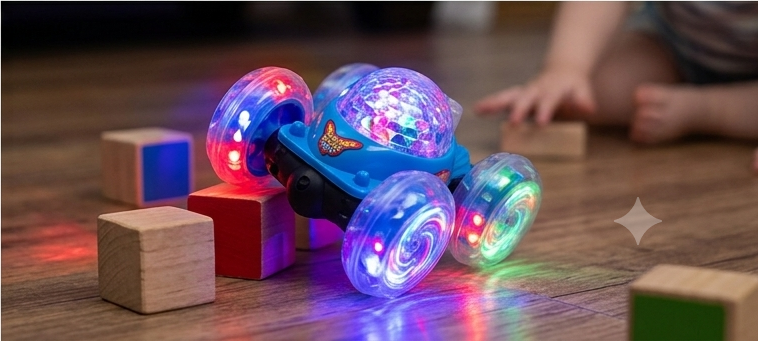 DiCfun 360 stunt car with glowing LED wheels on wooden floor with child in background