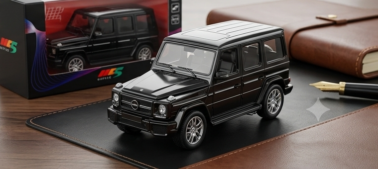 McFive G-Wagon Diecast on desk with collector's box in background