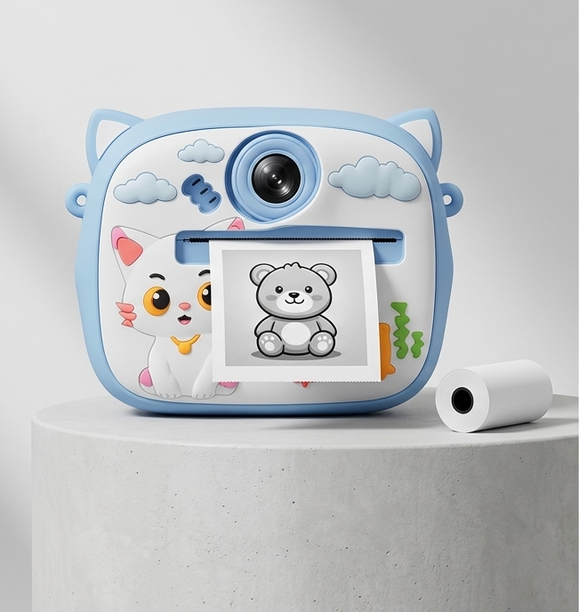 Kids Instant Print Camera cat design in blue printing a photo