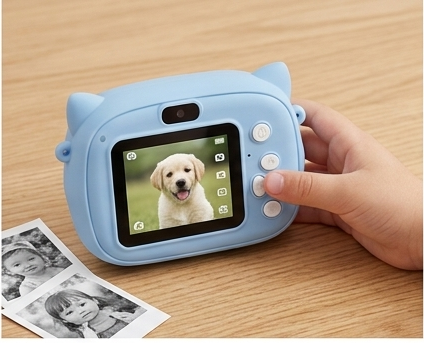 Child using kids instant print camera with LCD screen showing dog photo