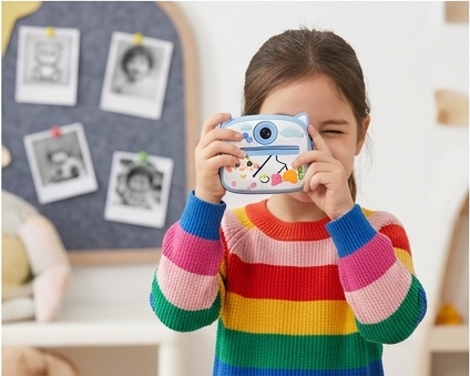 Girl photographing with kids instant print camera – printed photos on wall behind