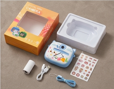 Kids instant print camera unboxed with paper roll, USB cable, stickers and lanyard