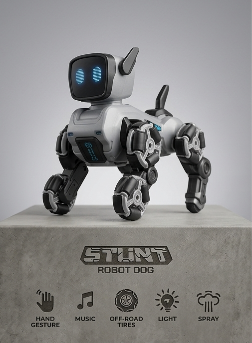 Stunt Robot Dog with feature icons - hand gesture, music, off-road tires, light, spray