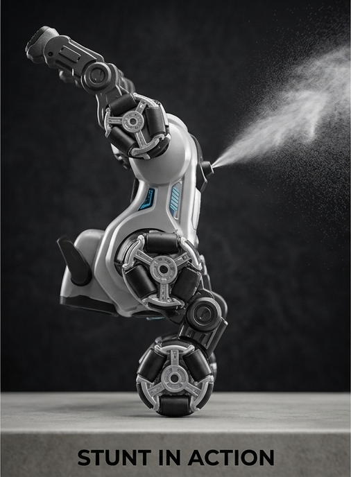 Stunt Robot Dog performing stunt in action with spray effect