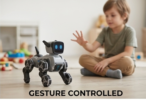 Child using hand gesture to control Stunt Robot Dog