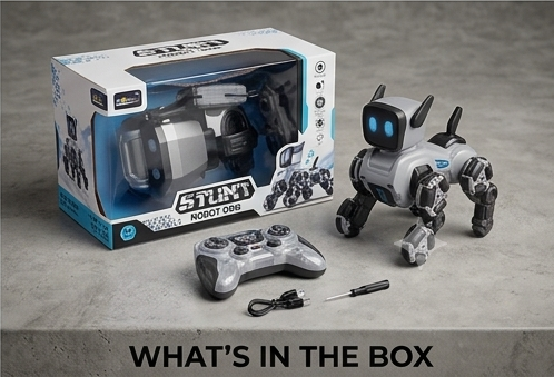 Stunt Robot Dog what's in the box - robot, remote controller, USB cable, screwdriver