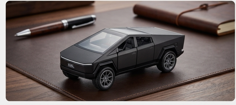 KIAL M32 Cybertruck diecast model car on desk lifestyle shot