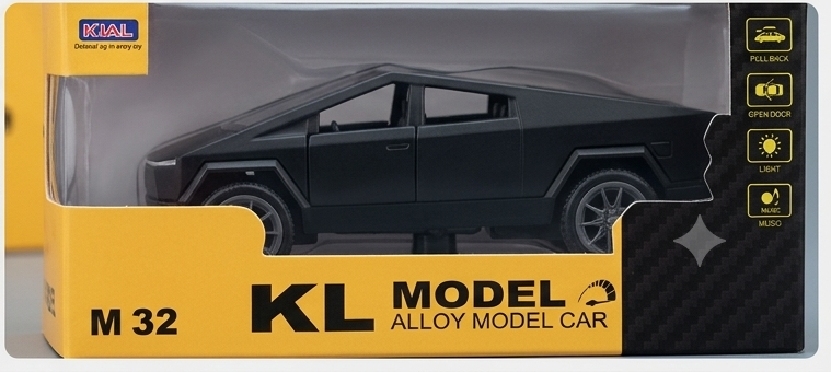 KIAL KL Model M32 Cybertruck alloy car in packaging box showing pull back, open doors, light and music features